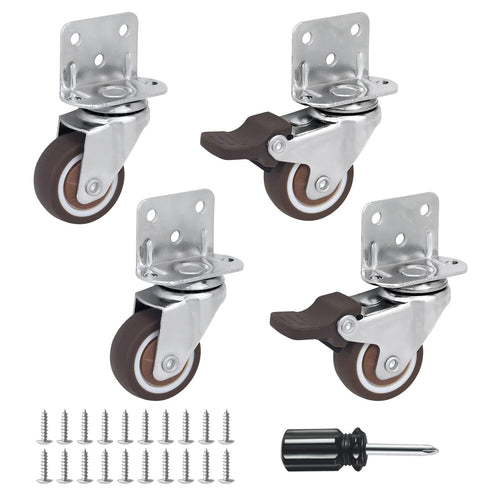 Side Mount Casters Set of 4 with Brake, 1.25 Inch L-Shape TPR Plate Casters for Furniture, Baby Bed, and More