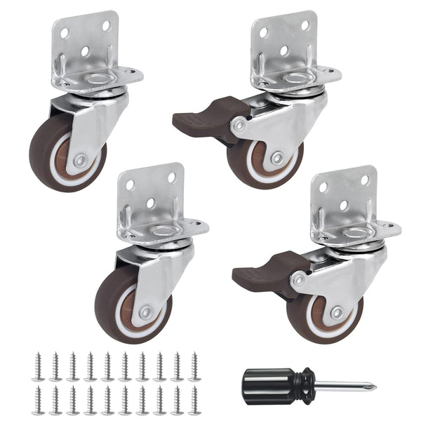 Side Mount Casters Set of 4 with Brake, 1.25 Inch L-Shape TPR Plate Casters for Furniture, Baby Bed, and More