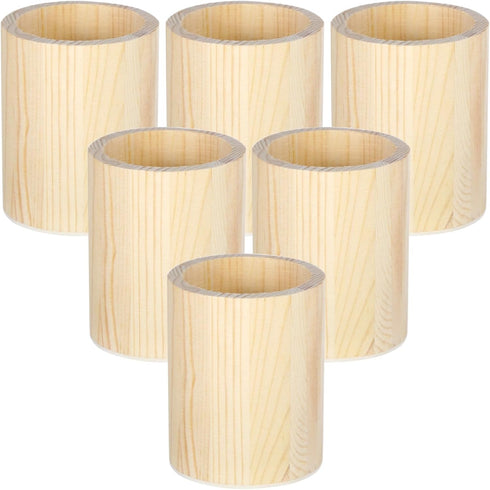 Chewtoyo Set 6 Of Round Wooden Desk Organizers, Unfinished Natural Wood Holders For Pencils, Paintbrushes, Makeup