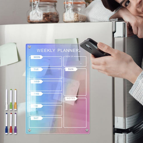 MAGICLULU Magnetic Fridge Calendar, Iridescent Clear Acrylic Dry Erase Board, Reusable Weekly Planner with Markers