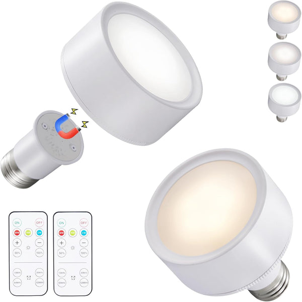 2 Pack Magnetic Battery Operated Light Bulbs, Remote Control, Cordless LED Puck Lights, Wireless Dimmable E26 for Non