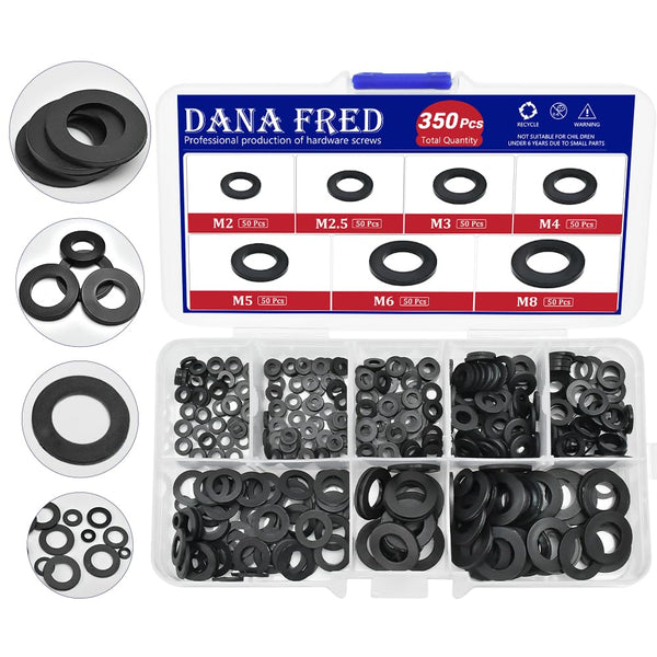 350pcs Black Nylon Flat Round Washer Spacer Assortment Kit - 7 Sizes M2-M8, Countersunk Plastic Gasket Rings