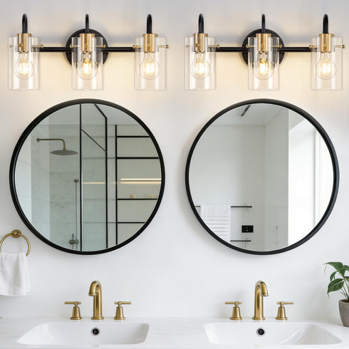 Apenath 3 Light Bathroom Vanity Light, Black and Gold Bathroom Wall Light Fixtures with Clear Glass Shade, Modern Wall