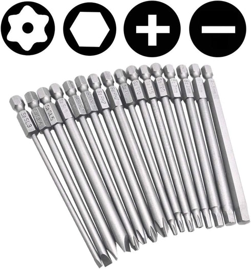 Yakamoz 16Pcs 4-in-1 Multi Long Magnetic Screwdriver Bit Set with 1/4" Hex Shank Drill Screw Driver Bits Power Tools Kit (Hex Head Allen Wrench, Torx Security, Cross Phillips & Flat Head Slotted Tip)