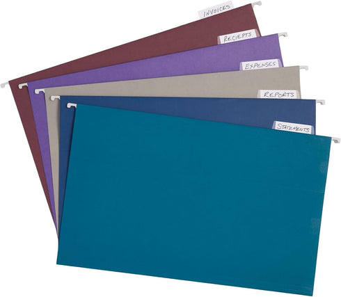 Blue Summit Hanging File Folders for Organization, Legal Size, Assorted Jewel Tones, 25 Pack