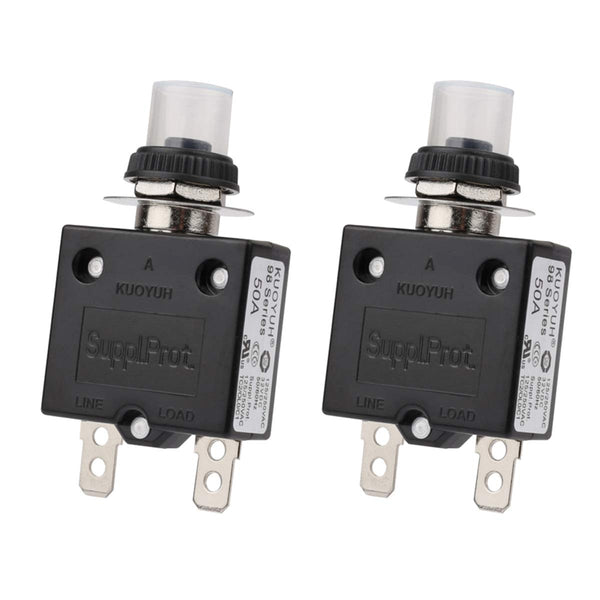 Thermal Circuit Breaker Overload Protector, 50Amp Push Button Manual Reset, 32V DC 125/250VAC
