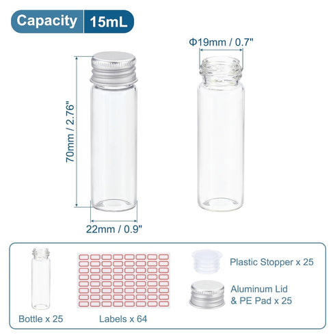 PATIKIL 15ml Clear Glass Vials, 25 Pack Small Liquid Sample Vial with Screw Caps Plastic Stoppers and 64 Labels Leak-Proof Bottles Empty Jars