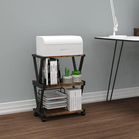 VEDECASA Retro Desktop Printer Stand, 2 Tiers Under Desk Wood Printer Shelf, Rustic Industrial Farmhouse Storage