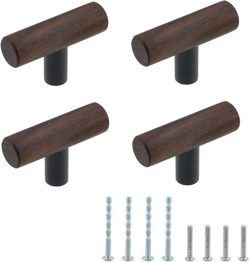 Antrader 4-Pack Walnut Wood Drawer Pulls, Single Hole T Kitchen/Wardrobe/Cabinet Door Pull