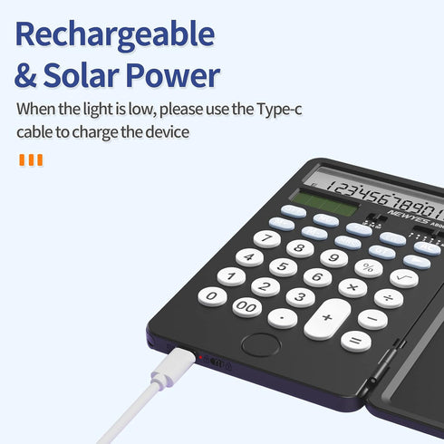 Portable Calculator with Notepad, 12 Digits Large Display, Rechargeable Solar Power for Office, School (Black)