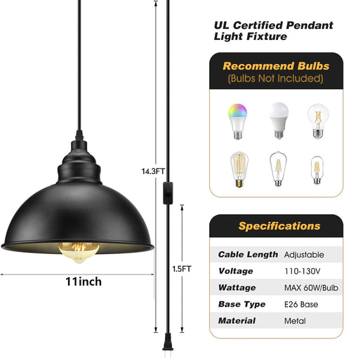 SoodMi 15FT Plug in Pendant Light, Hanging Lights with Plug in Cord, On/Off Switch, Industrial Pendant Light with Plug