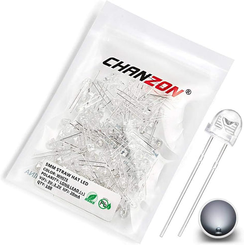 Chanzon 100 pcs 5mm White Straw Hat LED Diode Lights, Clear Transparent Lens
