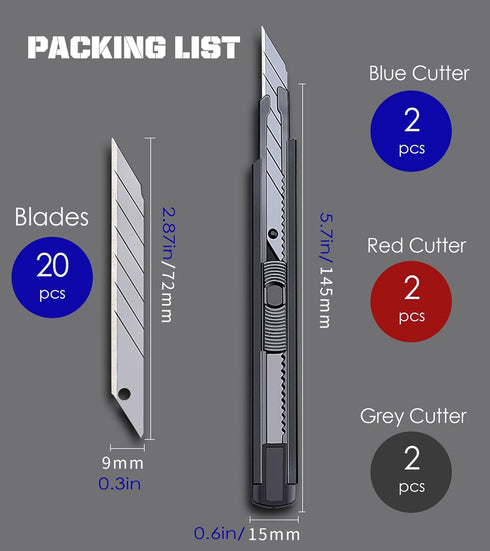 6 Pack Utility Knife Retractable with 30 Degree Snap Off Blade, Extra 20 Sharp Blades for Heavy Duty