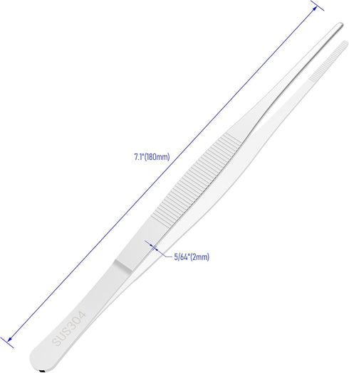 2 PCS 7.1 Inch 304 Stainless Steel Tweezers, Straight Round Blunt Serrated Tip, 5/64 Inch Thickness 304 Stainless Steel, Multipurpose Daily Garden Home Lab Craft Repairing Tool