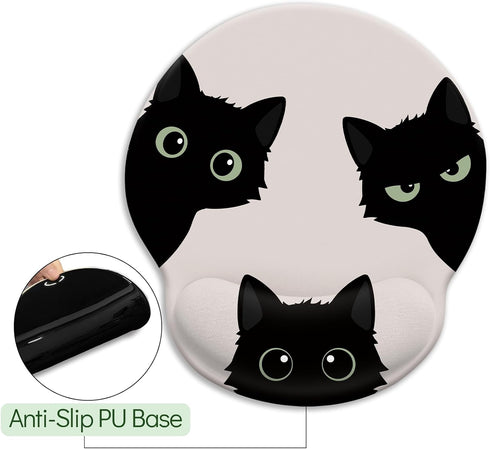Funny Cat Mouse Pad, Ergonomic with Wrist Rest, Gaming Mouse Pad with Non-Slip Pain Relief PU Base, Black