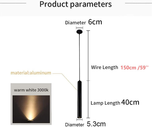 12W 5CM L40CM Dia Tube LED COB Modern Pendant Lights Spot Light for Kitchen Island Dining Living Room Bar Hanging Lamp