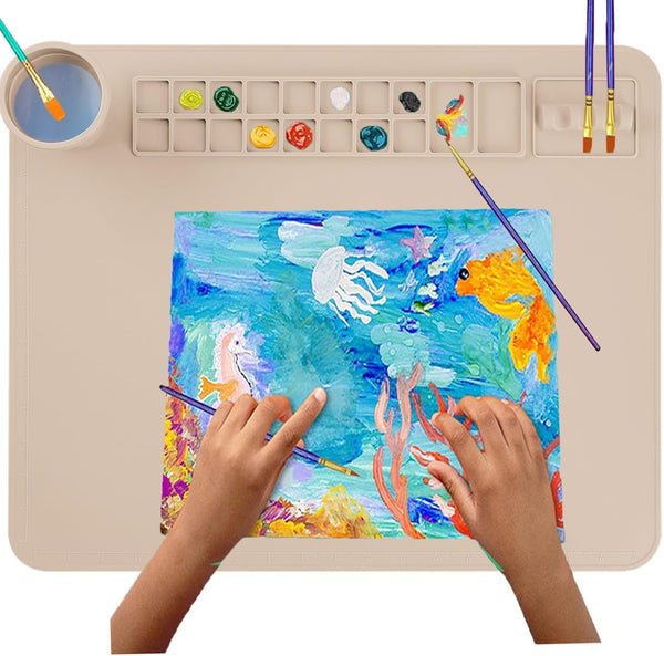 Silicone Painting Mat with Cup and Palette, 20"X16" Thick Silicone Art Mat for Craft, Artist Creator Mat