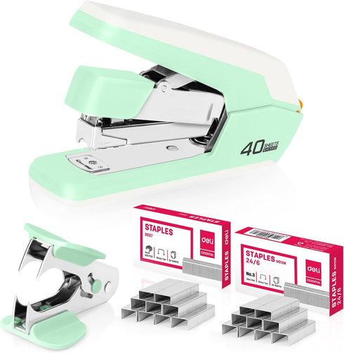 Deli Effortless Desktop Stapler, Heavy Duty, 40-50 Sheet Capacity, One Finger, Includes Staples & Staple Remover, Green