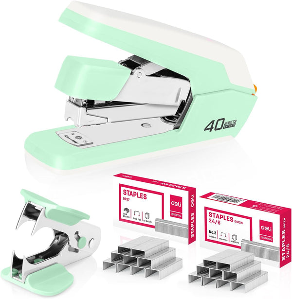 Deli Effortless Desktop Stapler, Heavy Duty, 40-50 Sheet Capacity, One Finger, Includes Staples & Staple Remover, Green