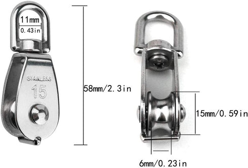 2PCS 304 Stainless Steel Single Pulley Block M15, Wire Rope Crane Pulley Block with 2PCS Spring Snap Hook.
