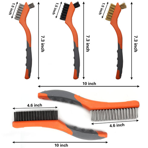 Set 5PCS, Wire Brush Nylon/Brass/Stainless Steel/Carbon Steel Bristles Wire Scratch Brush with Curved Rubber Handle