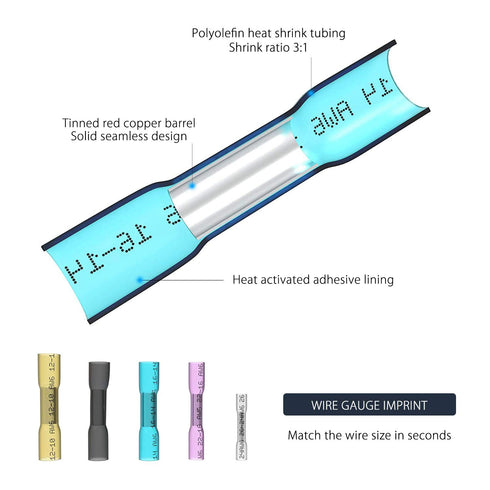 Heat Shrink Butt Wire Connectors, 100Pcs 26-24 AWG Clear Insulated Waterproof Electrical Crimp Terminals