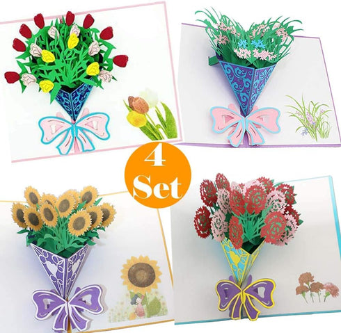 Flower Bouquet Pop Up Greeting Cards - 4 Pack Assorted Laser Cut Tulip, Sunflower, Orchid, Carnation for Gifts