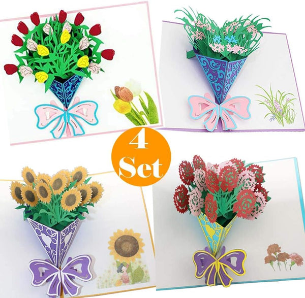 Flower Bouquet Pop Up Greeting Cards - 4 Pack Assorted Laser Cut Tulip, Sunflower, Orchid, Carnation for Gifts
