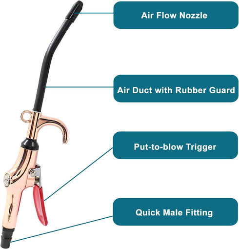 High Power Air Blow Gun with Rubber Guard, Industrial Household Air Nozzle Blow Gun, Aluminum Air Blower Gun Air Compressor Accessories - Rose Gold