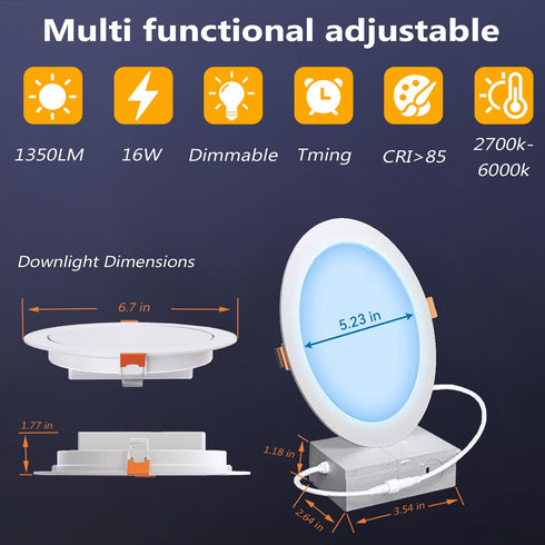 6 Inch 16W Dimmable 2700K-6000K 1350LM Box,16 23 1 Pack LED Recessed Light RGBCW Recessed Ceiling Lights by Alexa