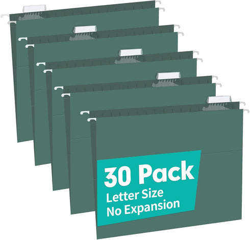 HERKKA Extra Capacity Hanging File Folders, 30 Pack, Reinforced Letter Size, Heavy Duty 0 Inch Expansion, Green