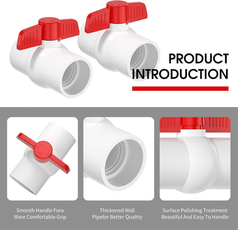 2PCS 2" PVC Ball Valve, SCH40 Slip PVC Water Pipe Valve with Easy Turn Red T-Handle for Swimming Pool & Irrigation