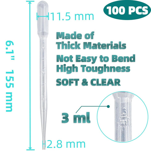 100 PCS 3ML Dropper Pipette - Disposable Plastic Transfer Pipettes for Accurate Liquid Transfer, Excellent Suction, Perfect for Oils, Resin, Crafts, Labs, Kids Activities