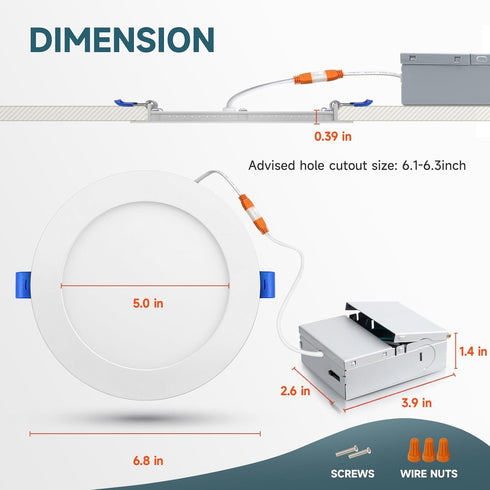 6 Inch 5CCT 2700K/3000K/4000K/5000K/6000K 12W 1100Lm, Dimmable ECOELER Ultra-Thin LED Recessed Ceiling Light