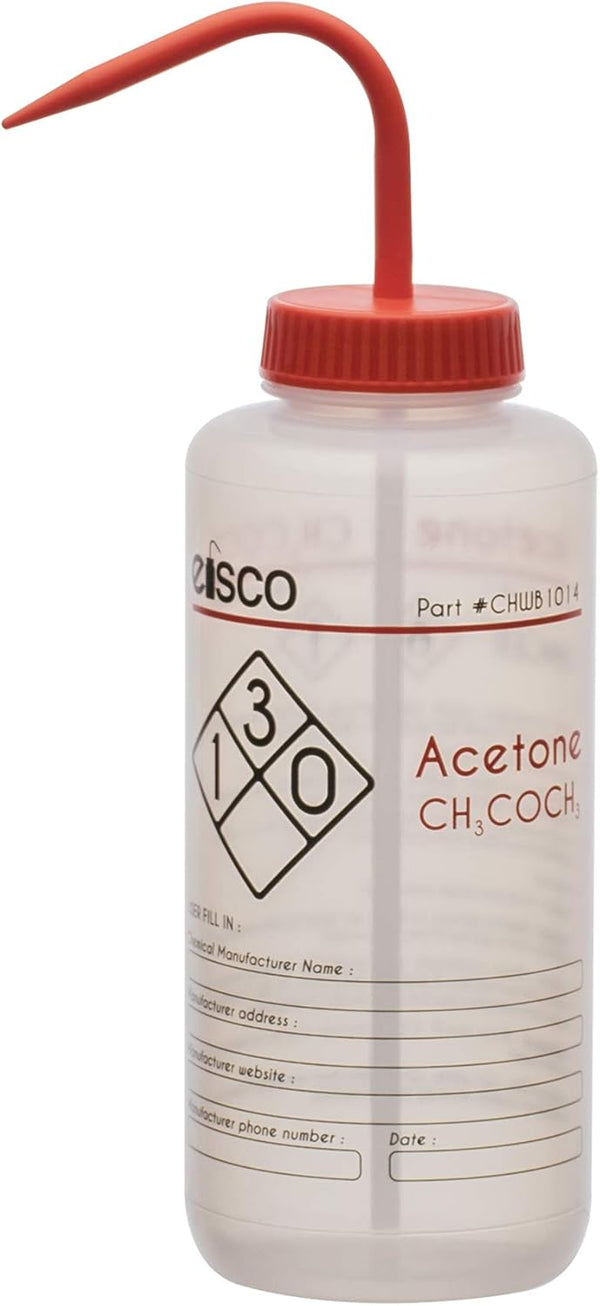 EISCO Wash Bottle for Acetone, 1000ml - Labeled with Color Coded Chemical & Safety Information (2 Colors)