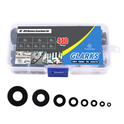 Glarks 410Pcs Metric Flat Washers Assortment Set - M2 M2.5 M3 M4 M5 M6 M8 M10, Black Zinc Plated Alloy