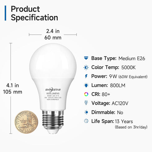 E26 5000K Bulb, 800 60W A19 Bulb 9W, 80+CRI, Bulbs SHINESTAR Base LED Light Lumens, Equivalent Standard White LED