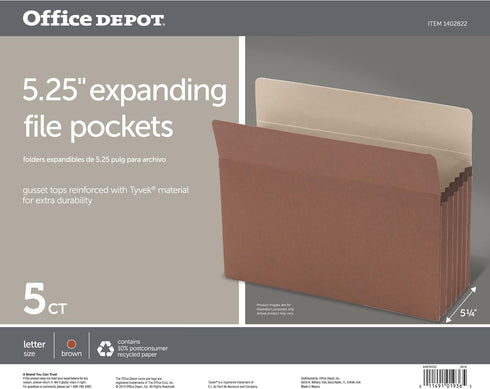 Office Depot Standard File Pocket - 5 1/4in. Expansion, Letter Size, Brown, OM01936