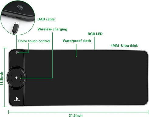 Wireless Mouse Pad Charging, Large Mouse Pad with 10 Lighting Modes for PC Keyboard Gaming Home & Office