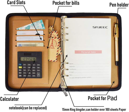 SAYEEC A5 Multifunctional Zippered Notebook, Portable Travel Portfolio, Inner Pocket Business 6-Ring Binder Meeting