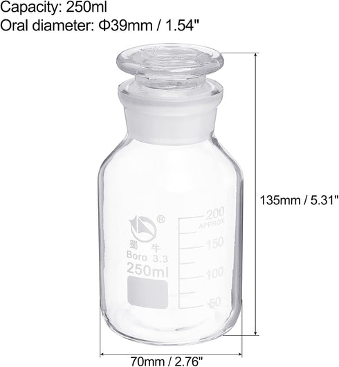 PATIKIL 250mL Reagent Media Bottle, 1Pcs Round 3.3 Borosilicate Glass Graduated Storage Bottle with Clear Cap