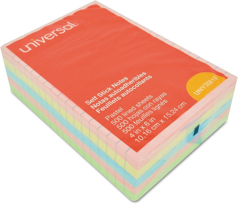 Universal UNV35616 100 Sheet Lined 4 in. x 6 in. Self-Stick Note Pads, Assorted Pastel Colors (5/Pack)