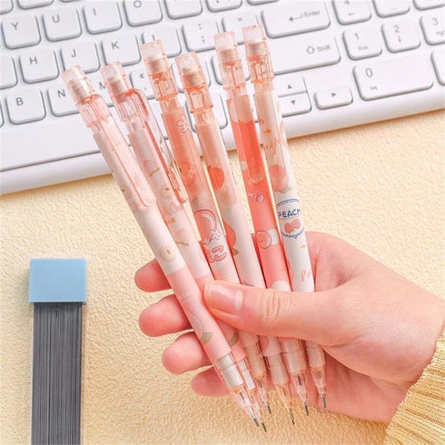 Mechanical Pencil 2Pcs, Pink 0.5mm Automatic Pencils, Cute Peach Press for School Office Supplies