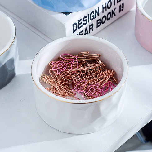 White Ceramic Round Paper Clip Holder, Cute Gold Line Dispenser for Desk, Office Binder Clips Organizer