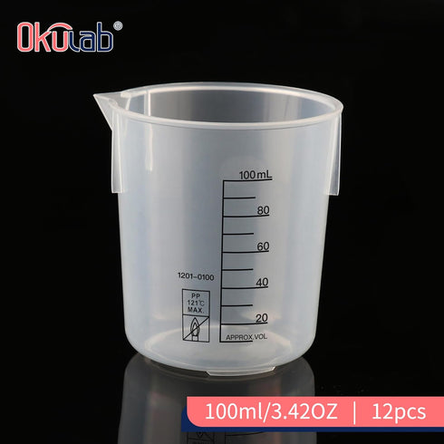 12 Pcs Plastic Beakers, 100ml Lab Beakers, Plastic Measuring Cup with Black Printed Graduation (BKLP100A12)