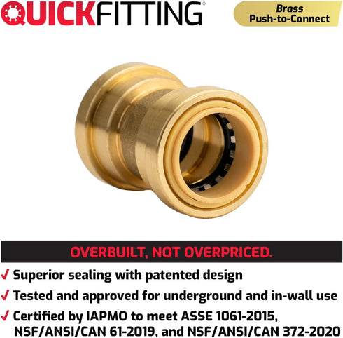 QuickFitting 1 Inch Push Fit Coupling, Patented Design for Superior Sealing, Push to Connect Brass Plumbing Pipe Fitting
