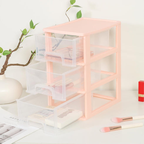 Desktop 3 Drawer Organizer - Pink Plastic Small Drawer Organizer for Office, Home, and Bathroom