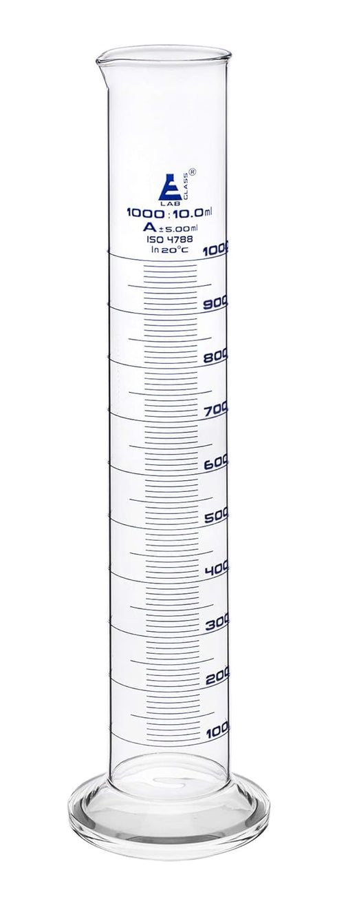 EISCO Graduated Cylinder, 1000ml - Class A Tolerance, Round Base, Blue Graduations, Borosilicate Glass