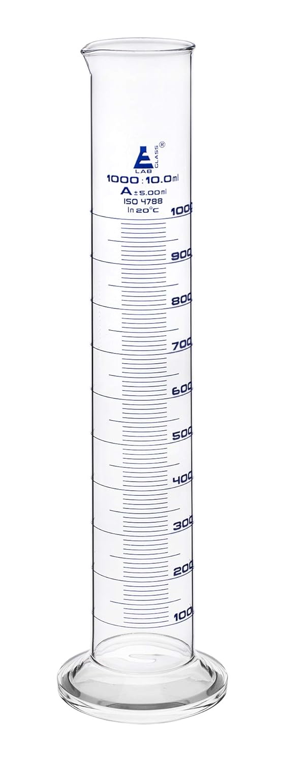 EISCO Graduated Cylinder, 1000ml - Class A Tolerance, Round Base, Blue Graduations, Borosilicate Glass