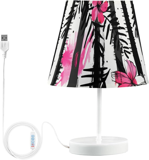 3 ALAZA Bedside Lamp Stripes Black White Tropical Pink Flower Table Lamp for Bedroom Desk Lamp with USB Port LED